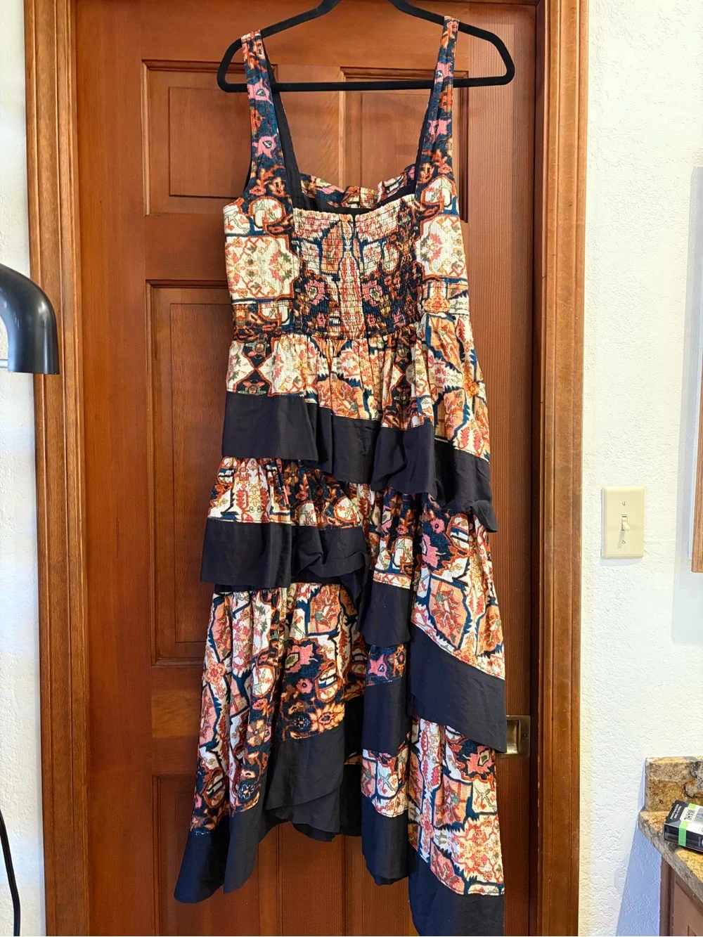 Anthropologie Black Tiered Midi Dress with Multicolor Floral Patchwork - Picture 5 of 7